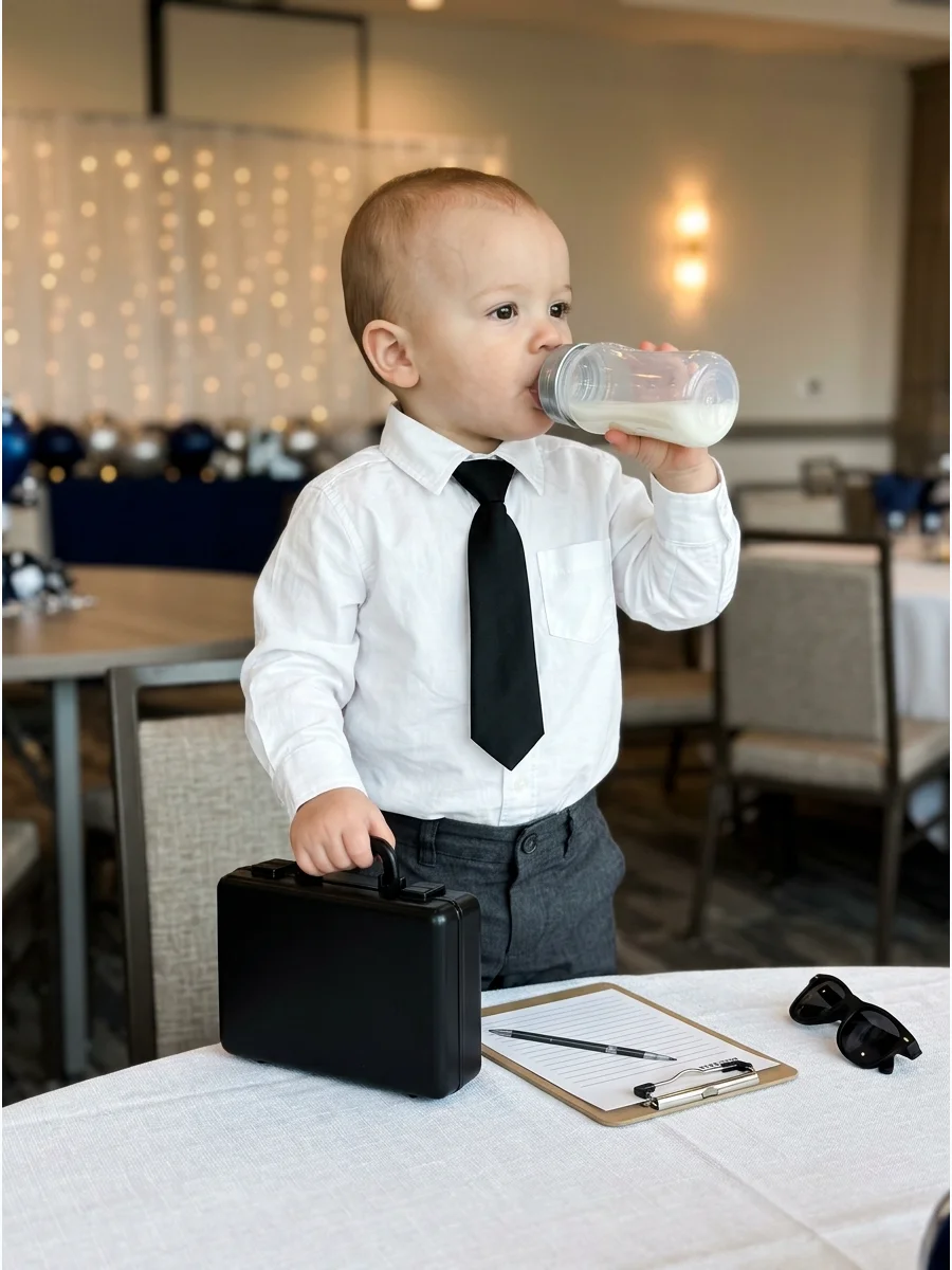 Infant wearing a tie and drinking from a bottle.