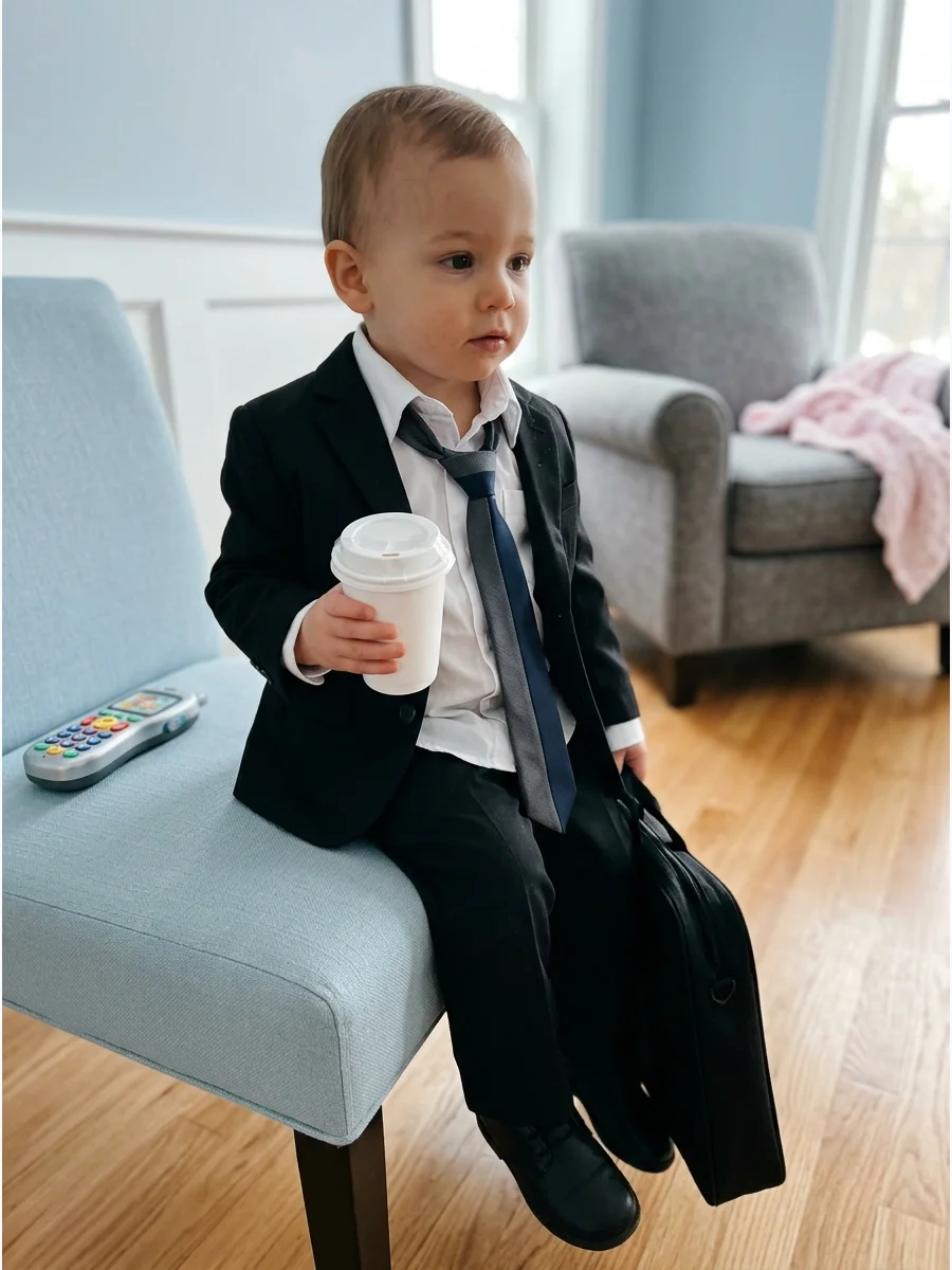 Toddler in a messy suit holding a paper coffee cup.