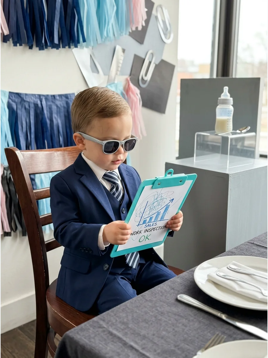 Baby wearing a navy suit and holding a small clipboard.