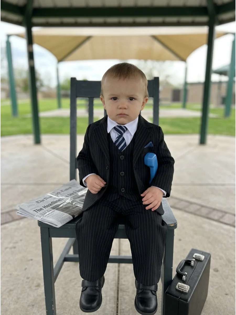 Baby in a blazer sitting with a folded newspaper.