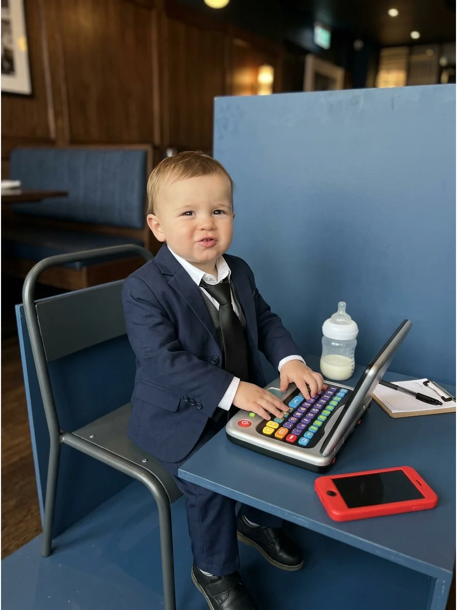 Toddler in a suit playing with a toy laptop.