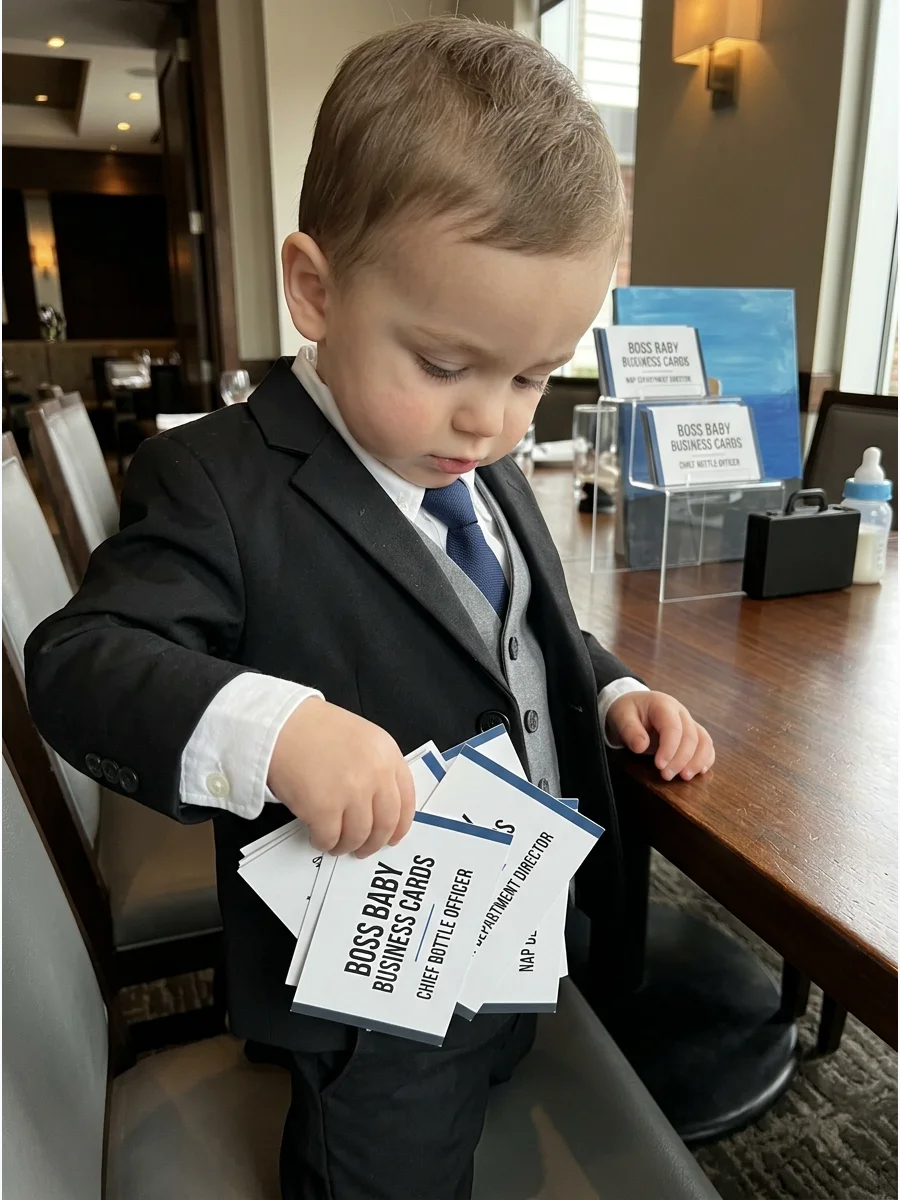 Baby in a suit holding a large pretend business card.