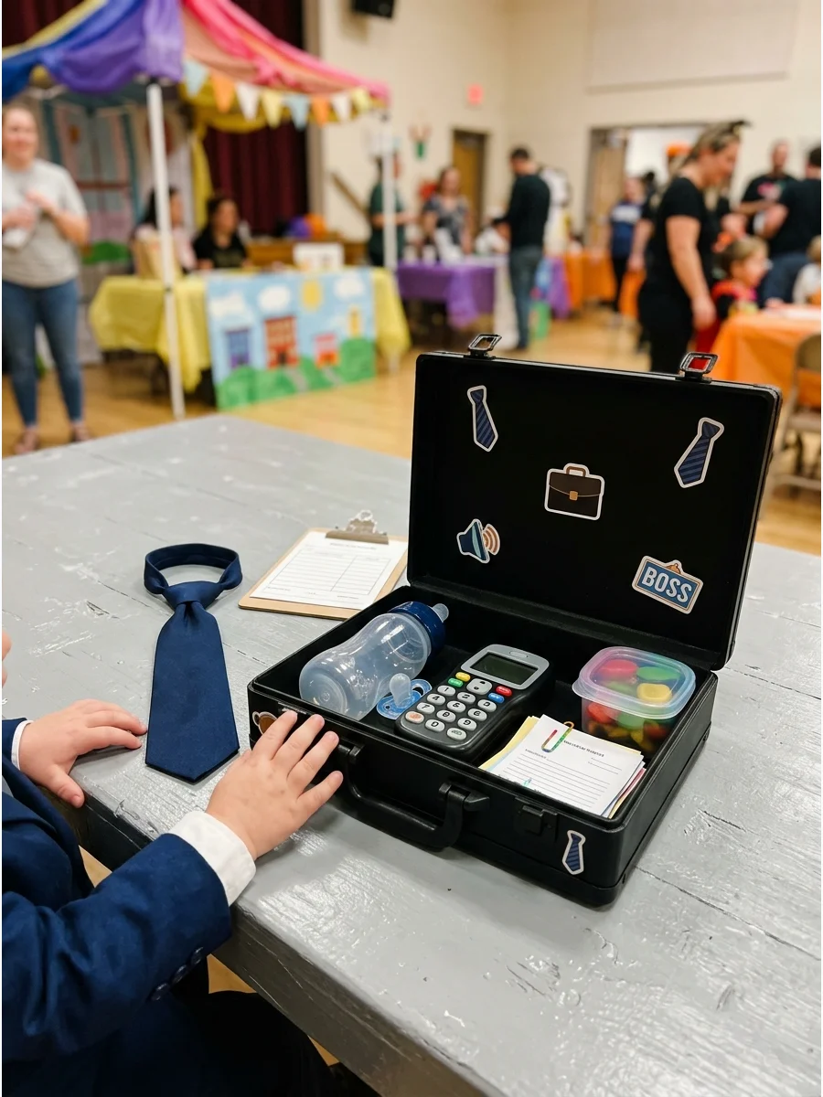 Open miniature briefcase filled with baby toys and a bottle.