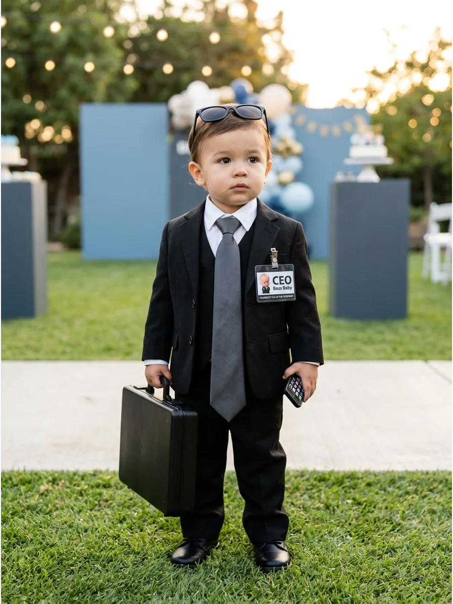 Toddler in a black suit holding a toy briefcase.