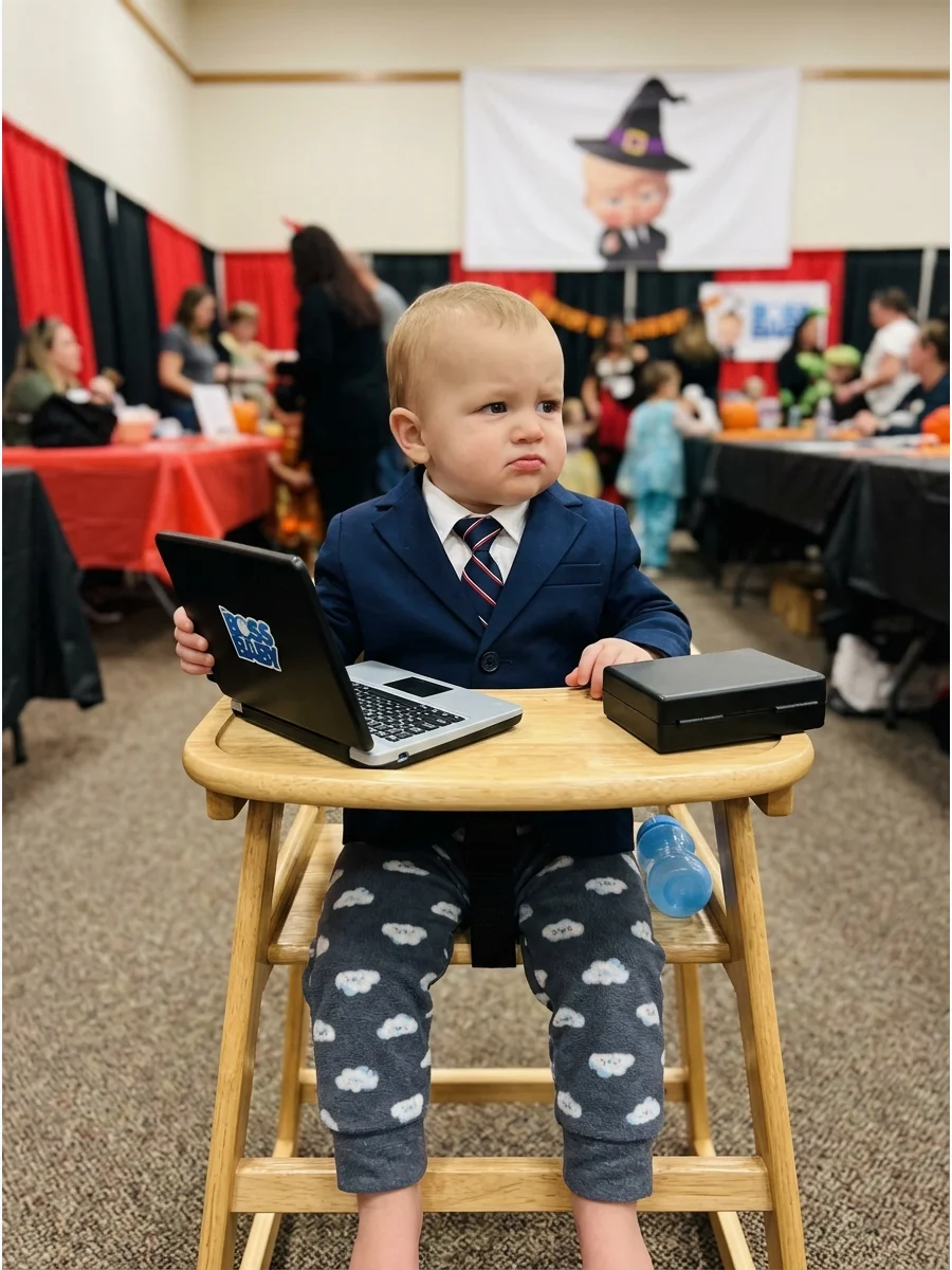Baby in a suit jacket and pajama pants holding a toy laptop.