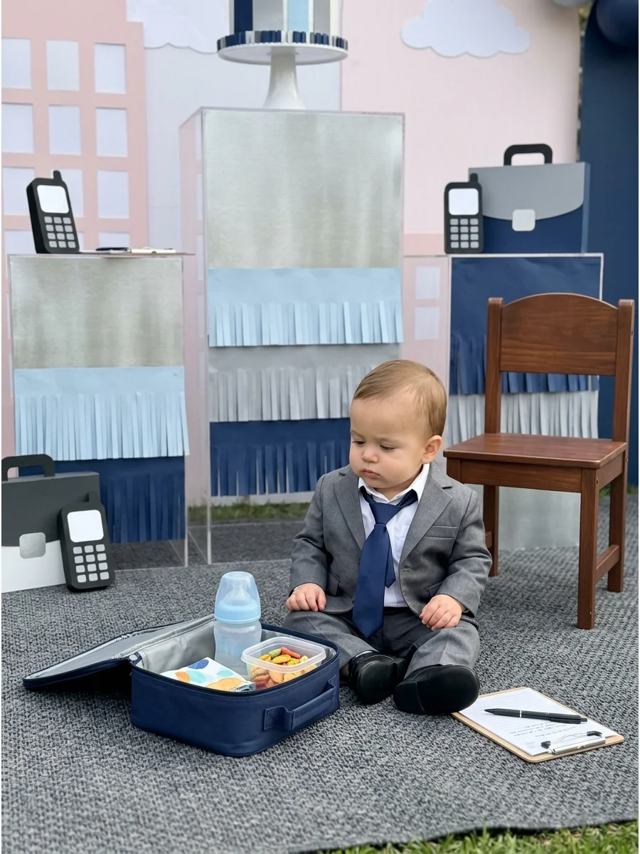 Baby in a suit sitting next to a lunchbox and a bottle.