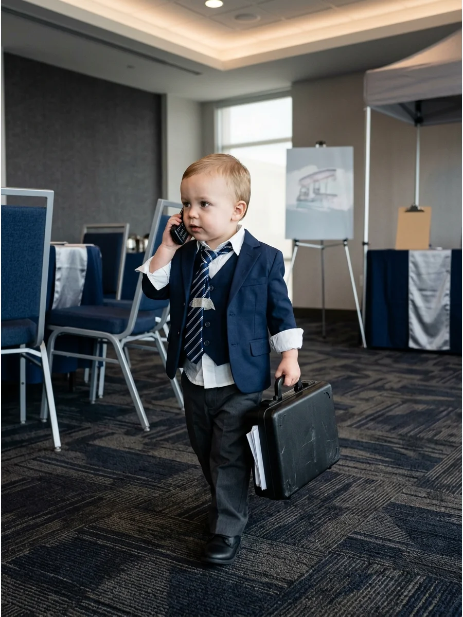 Toddler in a messy suit holding a toy phone.