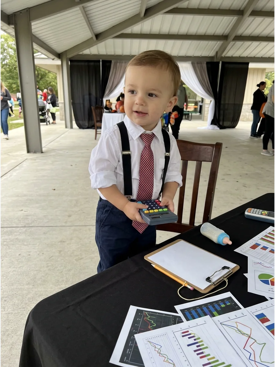 Toddler in a white shirt and suspenders.