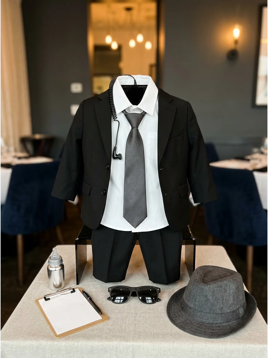 Baby in a suit dressed as a secret agent.
