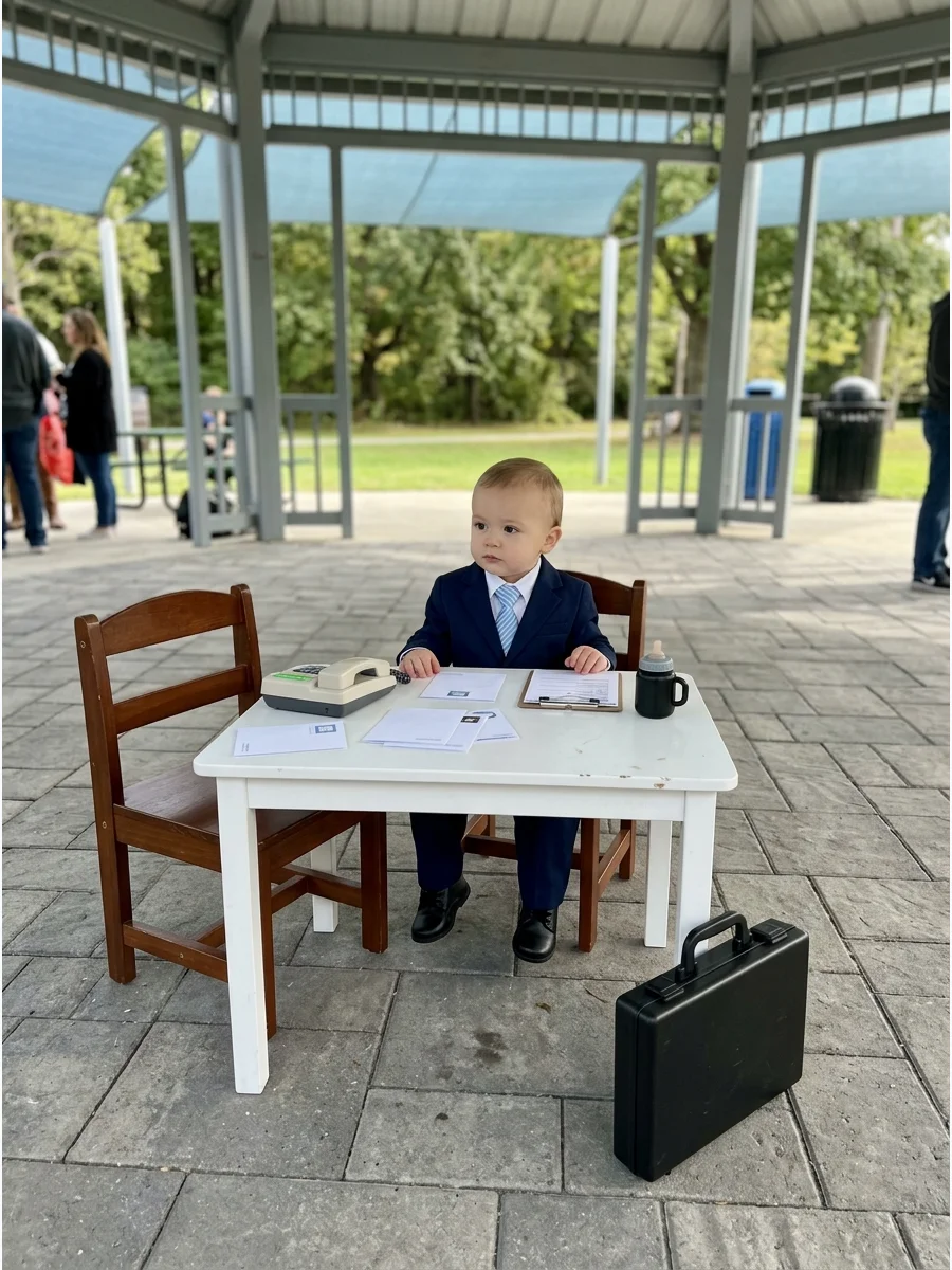 Baby in a suit sitting at a miniature desk.