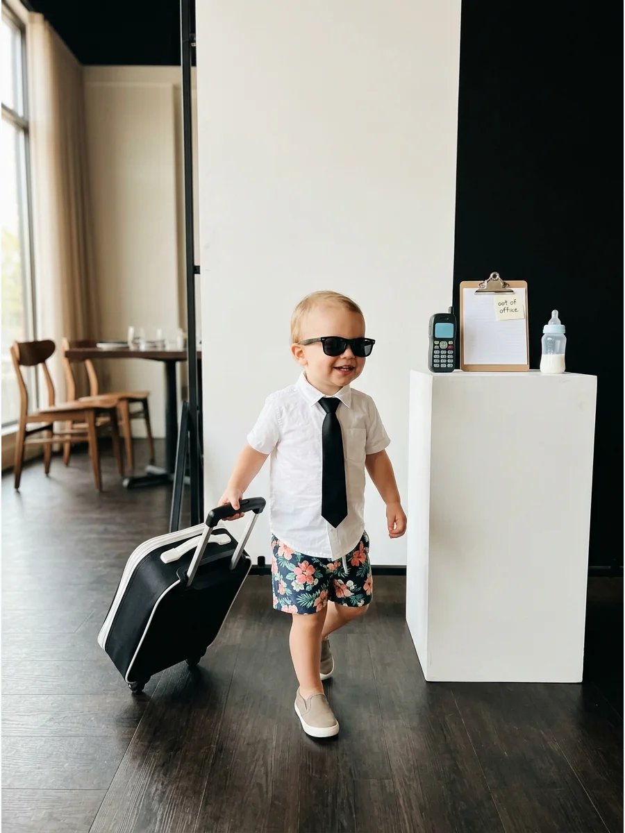 Baby in a tie and shorts with a suitcase.