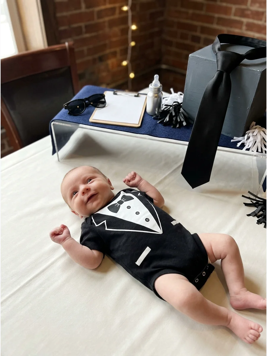 Newborn in a tuxedo print onesie.