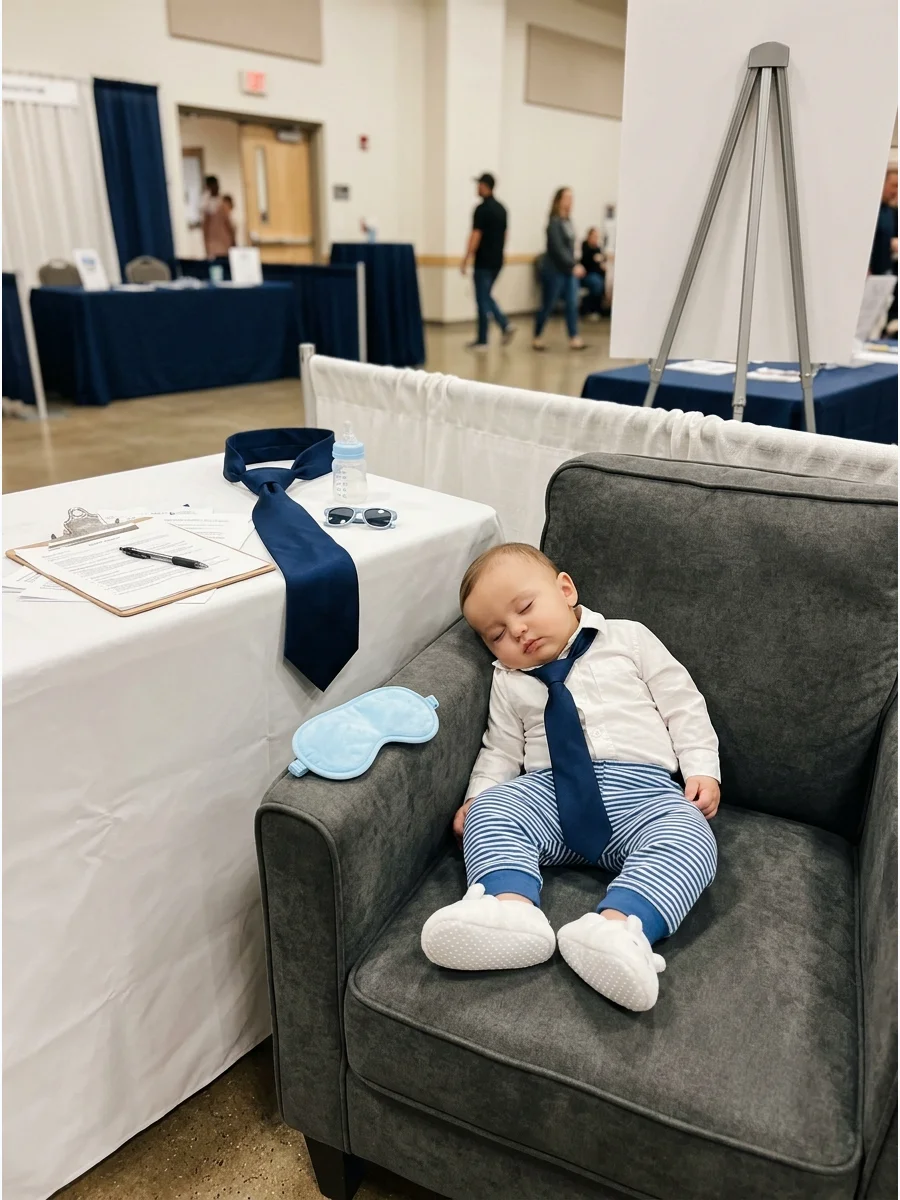 Sleeping baby in a dress shirt and pajama pants.
