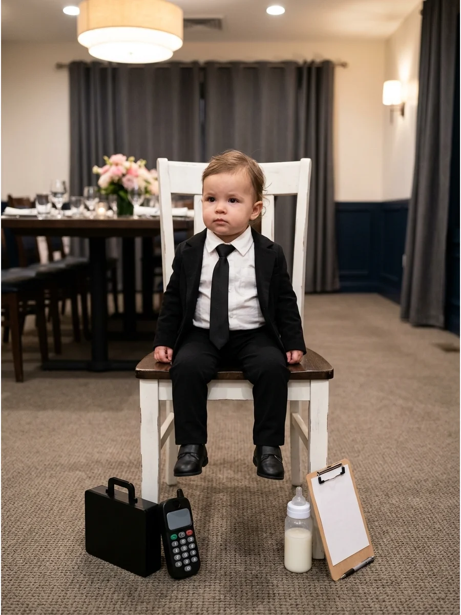 Baby girl wearing a black suit and tie for a Boss Baby costume.