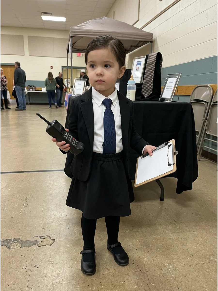 Toddler girl in a corporate skirt and blazer costume.