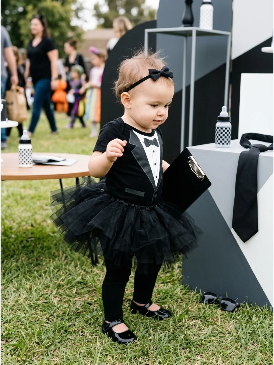 Infant girl wearing a black tutu and tuxedo bodysuit.