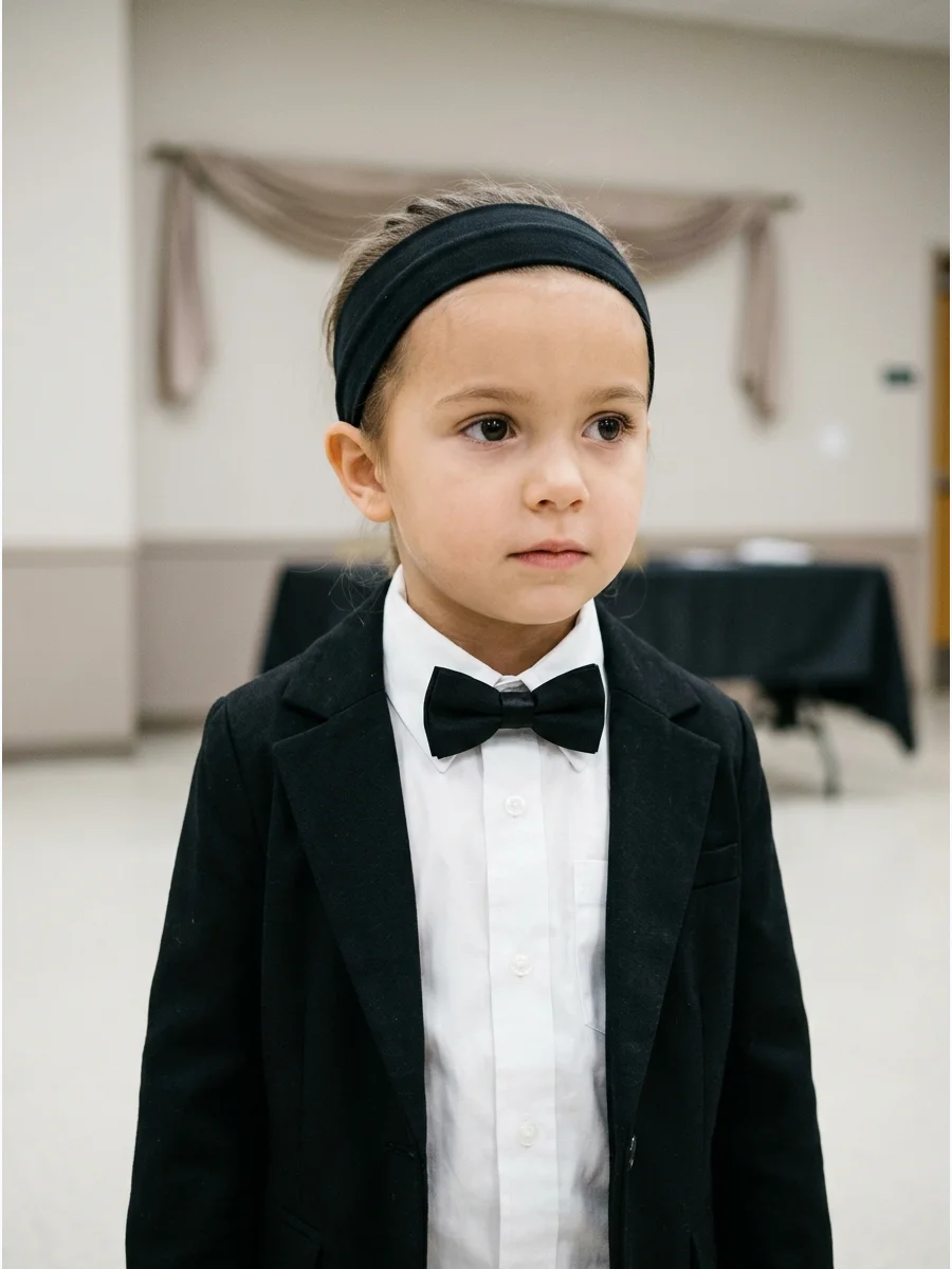 Young girl in a white shirt and black bow tie.