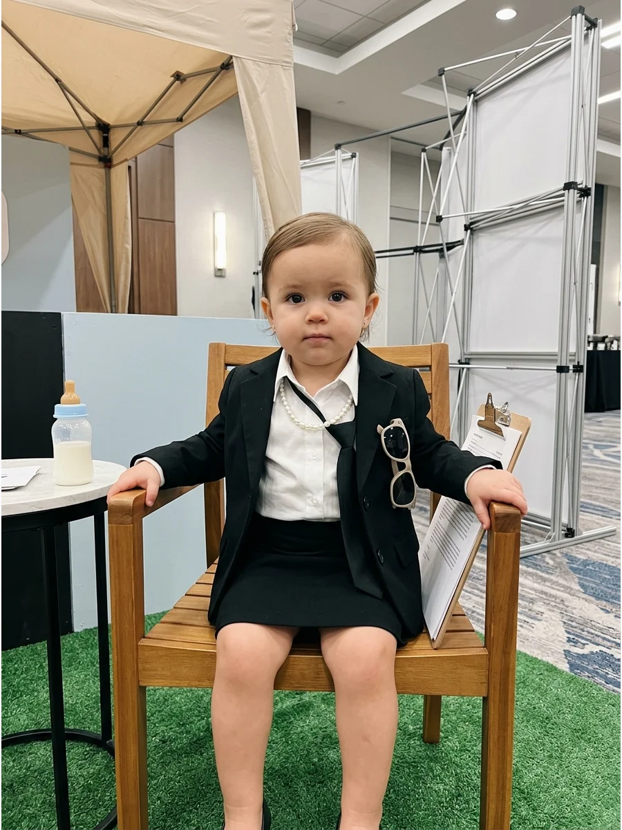 Baby girl in a suit wearing a faux pearl necklace accessory.
