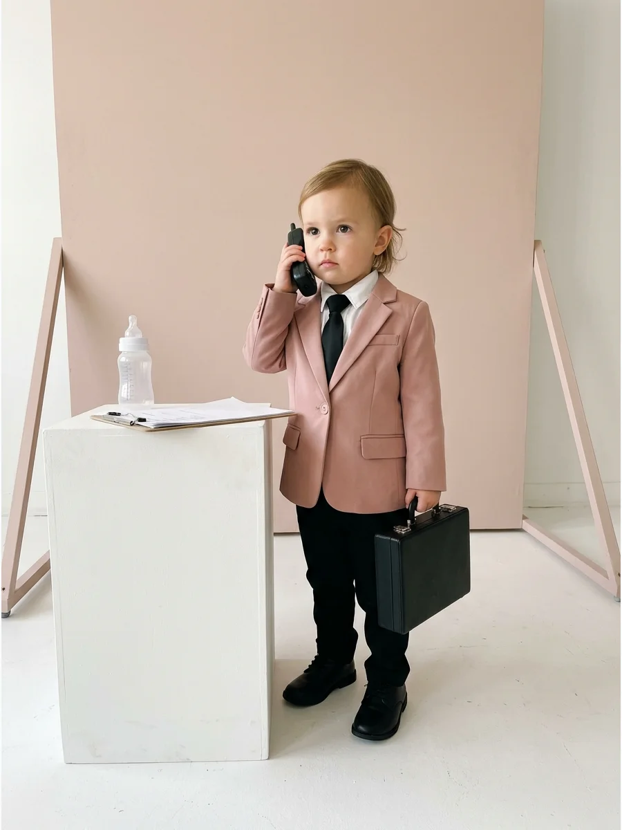 Toddler wearing a pink blazer and black pants for a Boss Baby look.