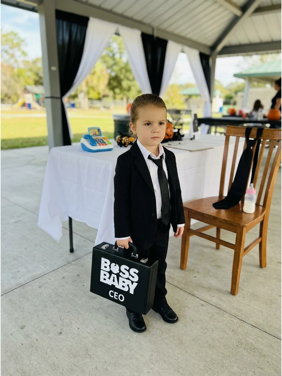 Child in a suit holding a personalized miniature briefcase.