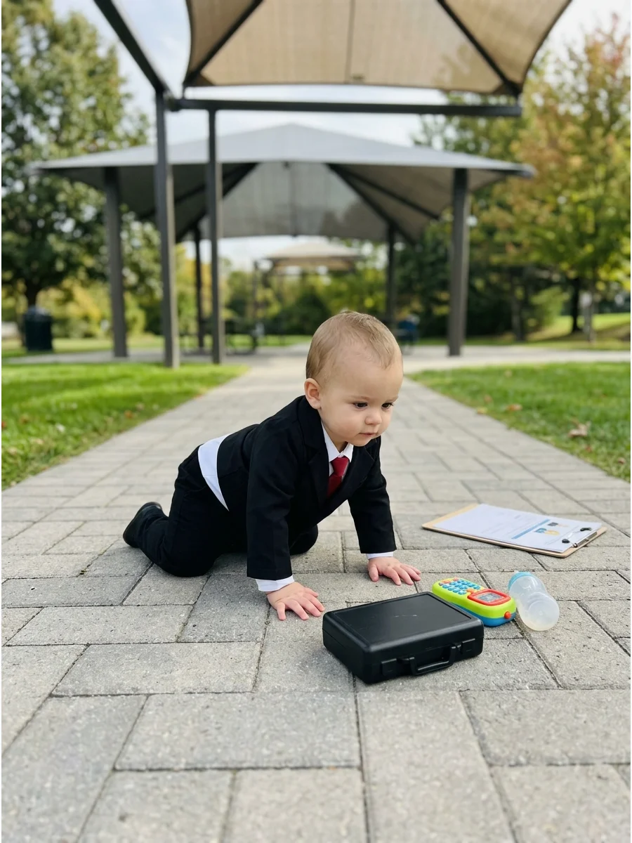 Baby crawling in a black blazer and white shirt.