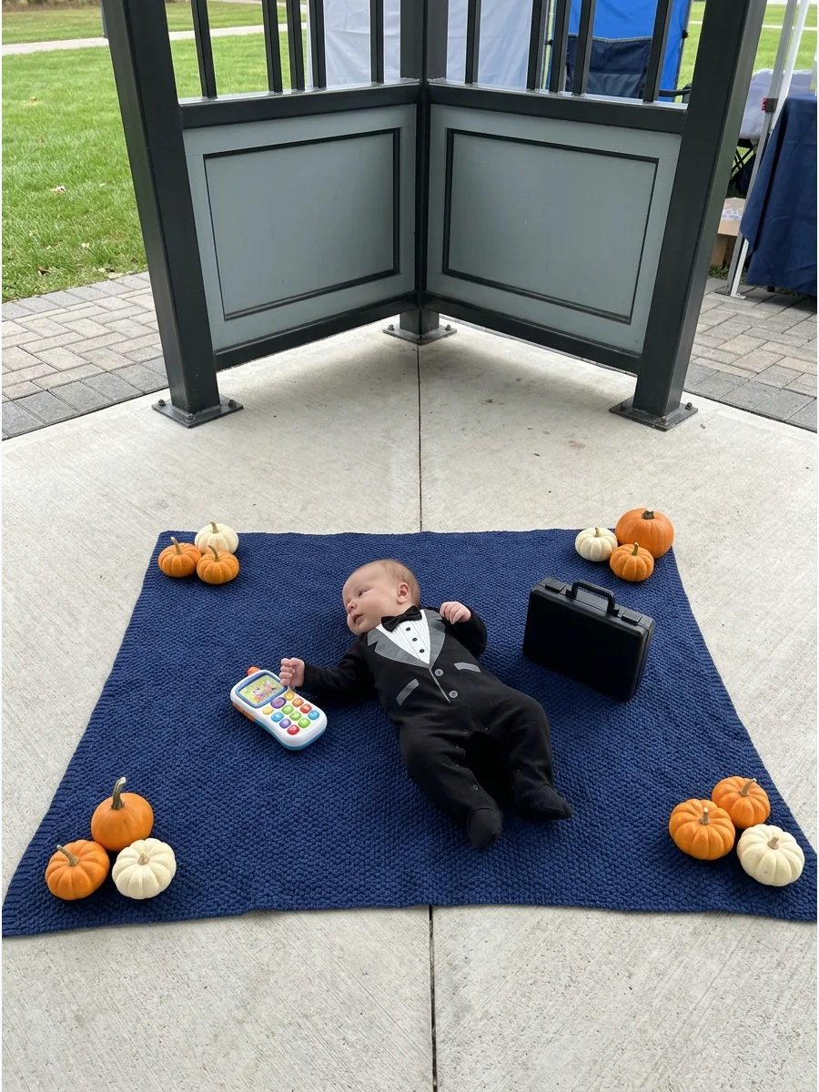 Newborn baby in a tuxedo onesie for their first Halloween.