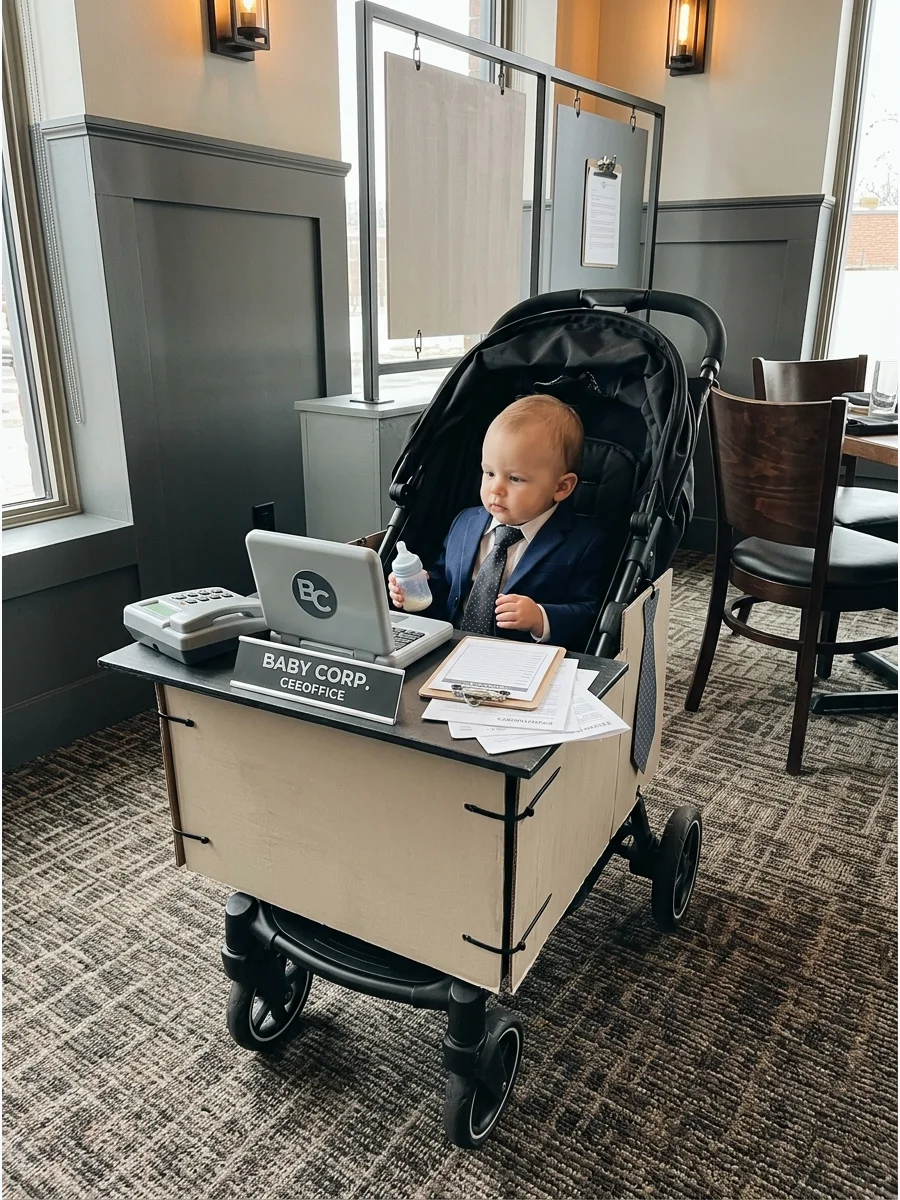 Baby in a suit sitting in a stroller decorated like an office desk.
