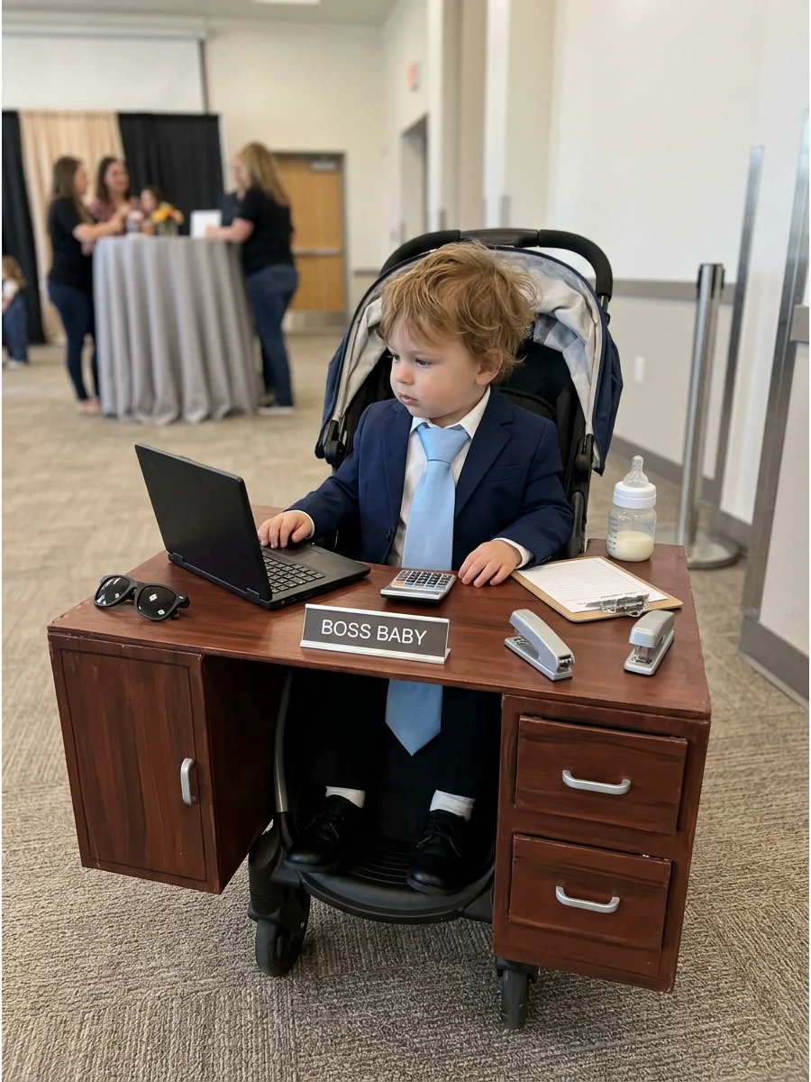 Stroller transformed into a wooden executive desk with a baby CEO inside.