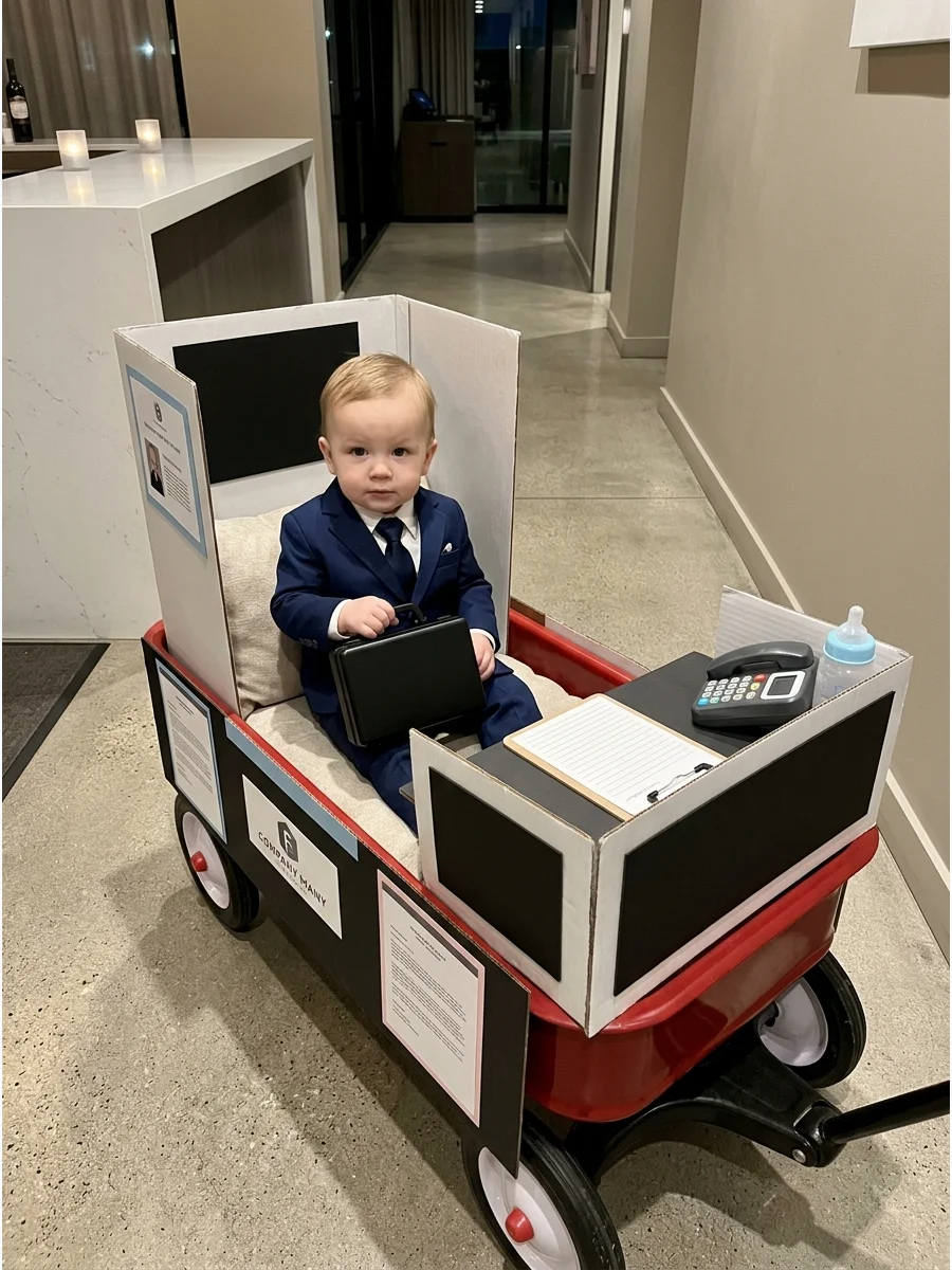 Toddler in a suit riding in a wagon decorated with corporate office signs.