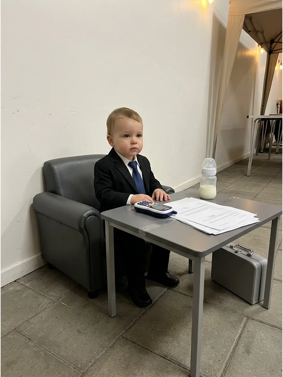 Baby wearing a suit sitting in a miniature leather office chair.