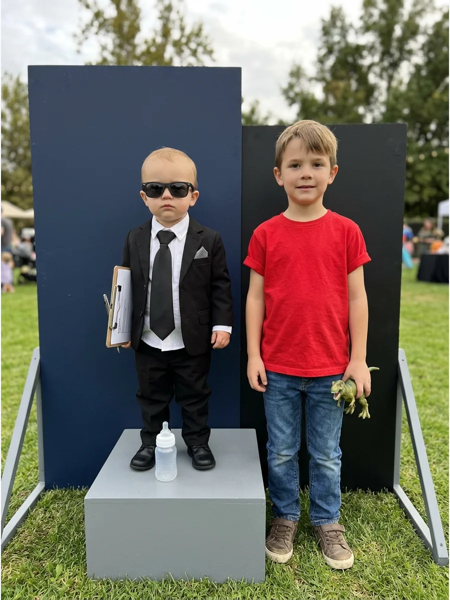 Two brothers dressed as the Boss Baby and Tim from the movie.