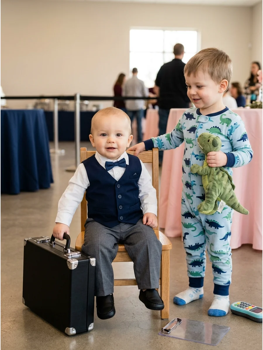 Baby in formal attire sitting next to an older sibling in casual pajamas.