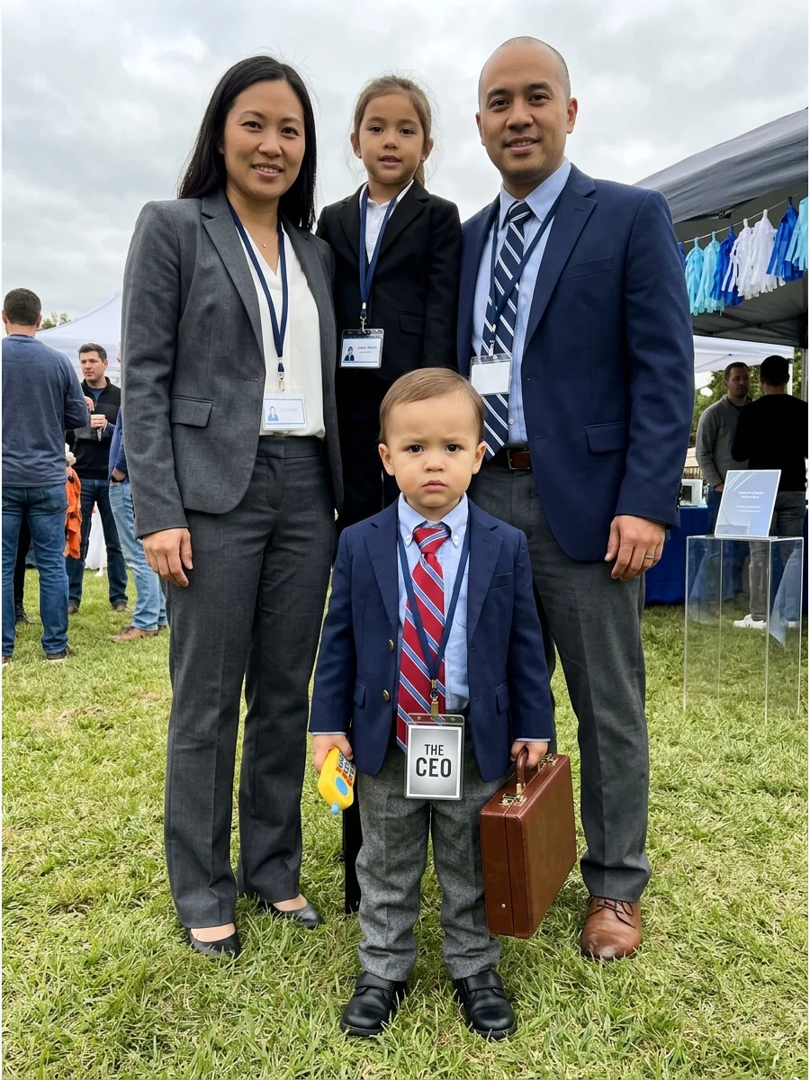 Family dressed in corporate attire with the baby as the CEO.
