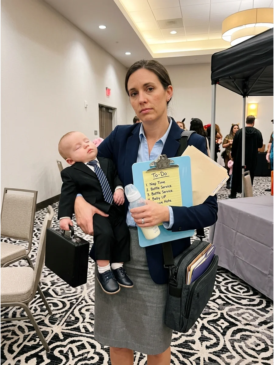 Mother dressed as an assistant holding a baby dressed as a boss.