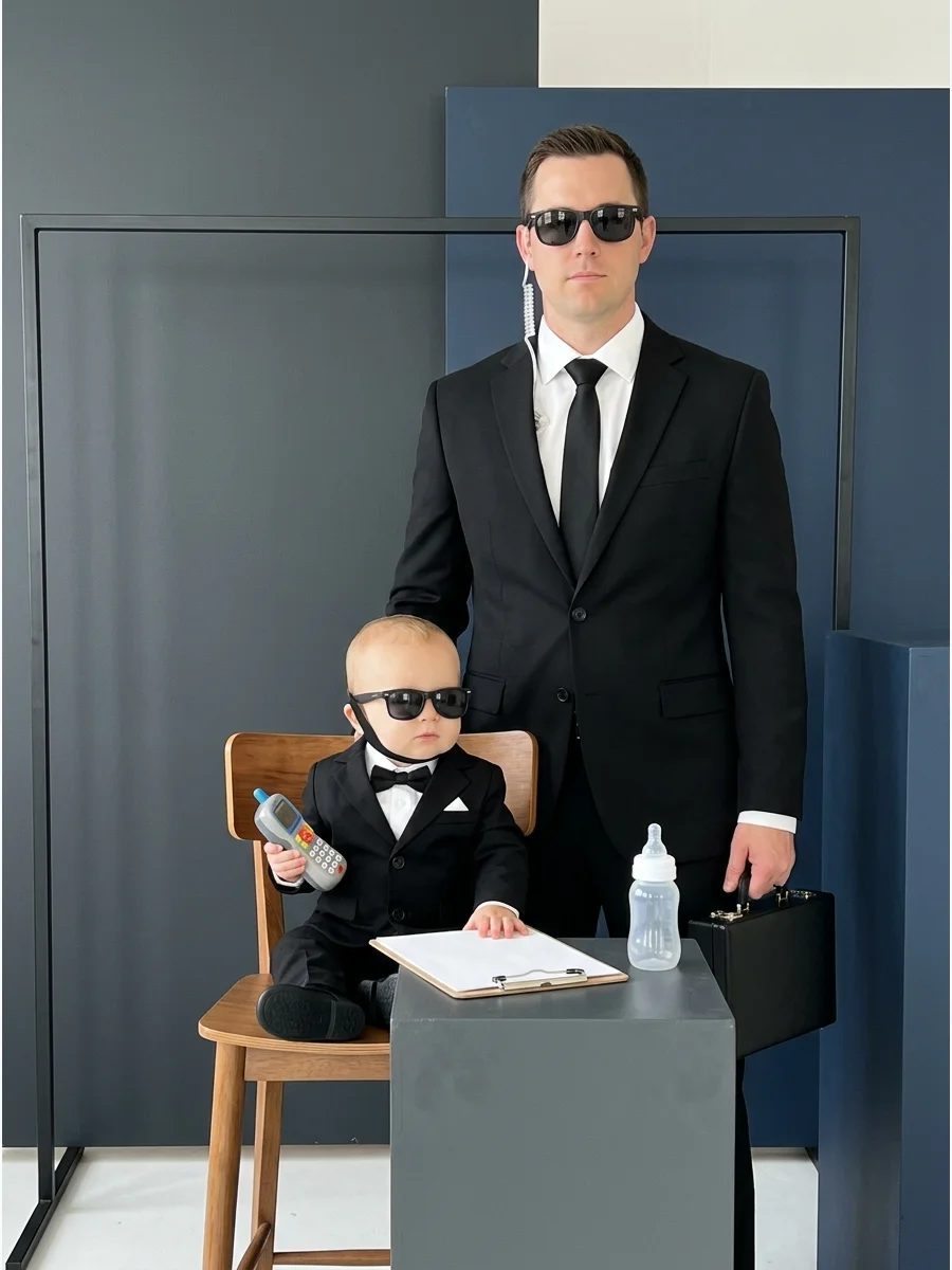 Father dressed as a bodyguard standing behind a baby in a suit.