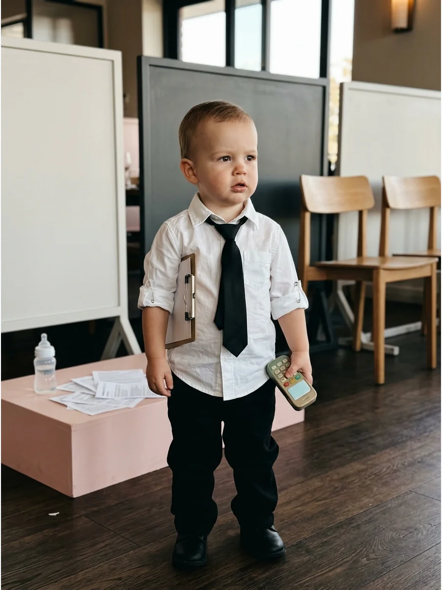 Toddler with rolled up sleeves and loose tie.