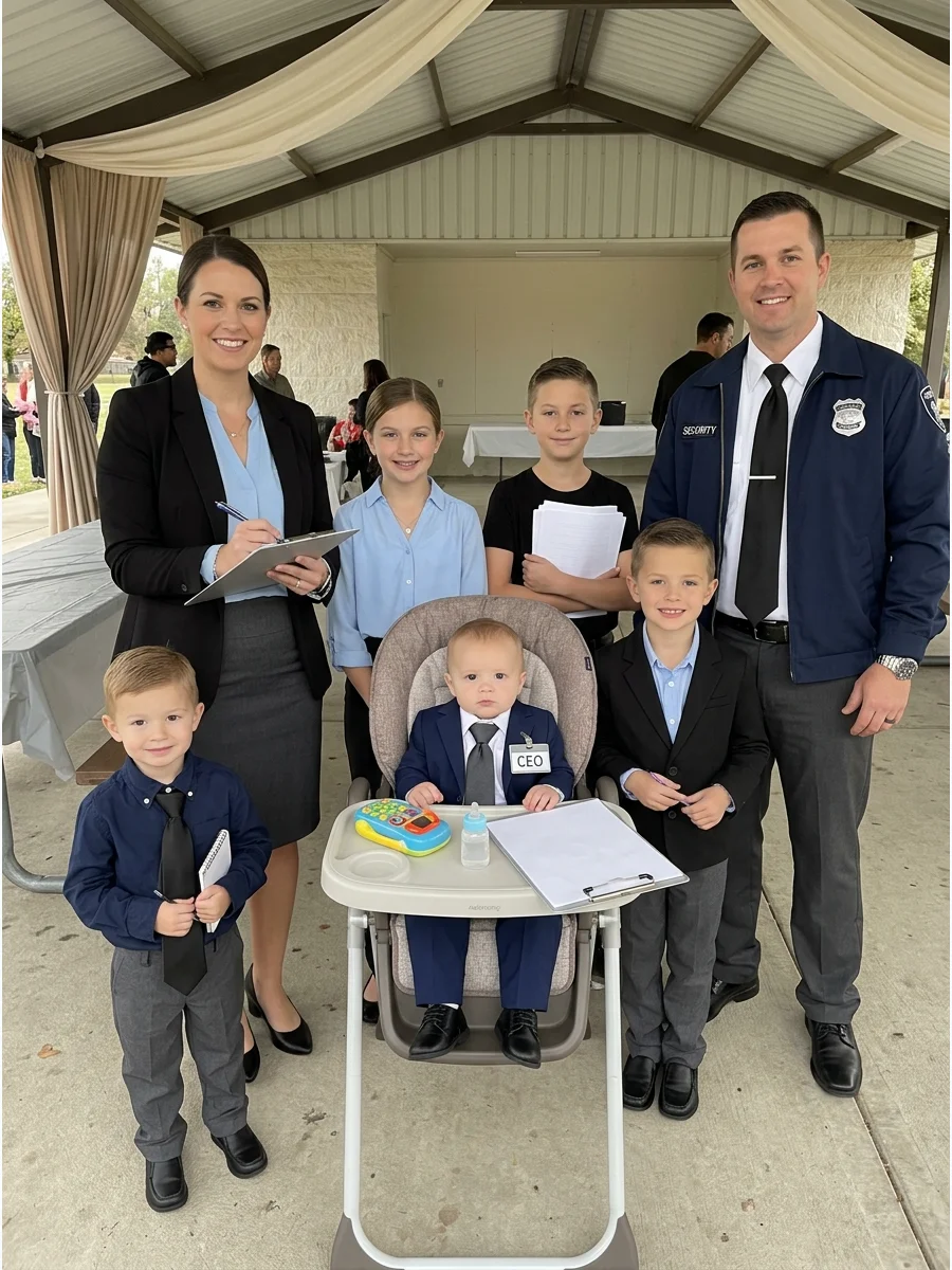A large family group wearing matching business suits and office badges.