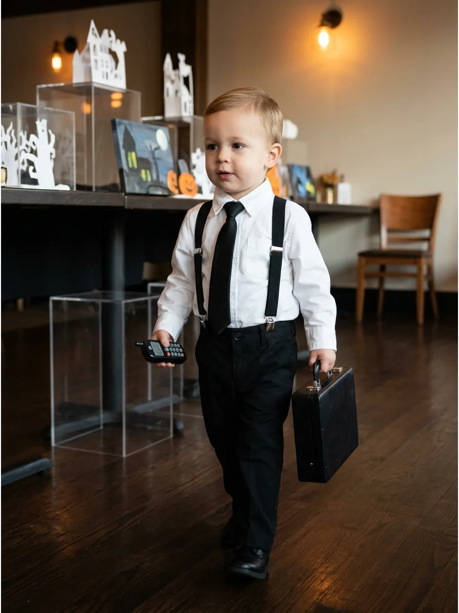 Toddler in black suspenders and white shirt.