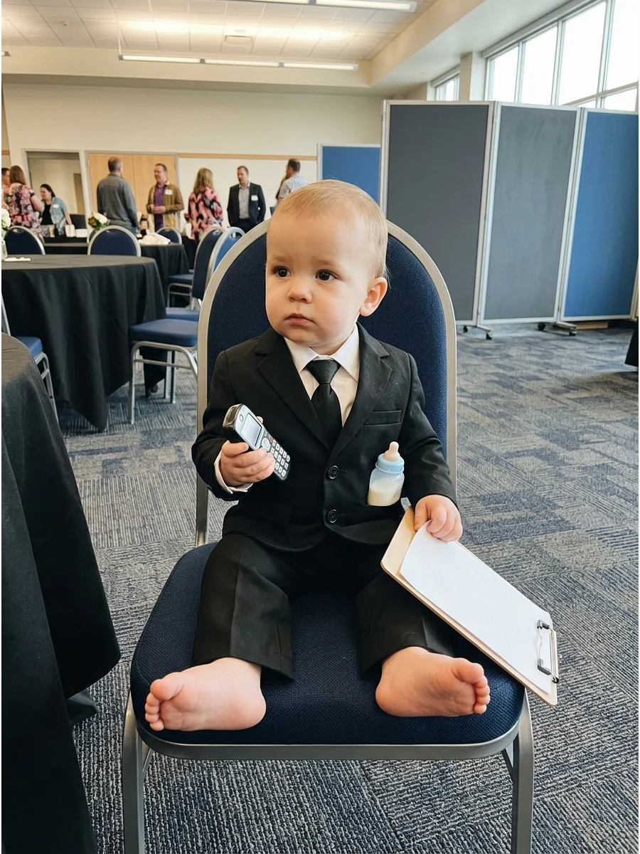 Baby in a suit with bare feet.
