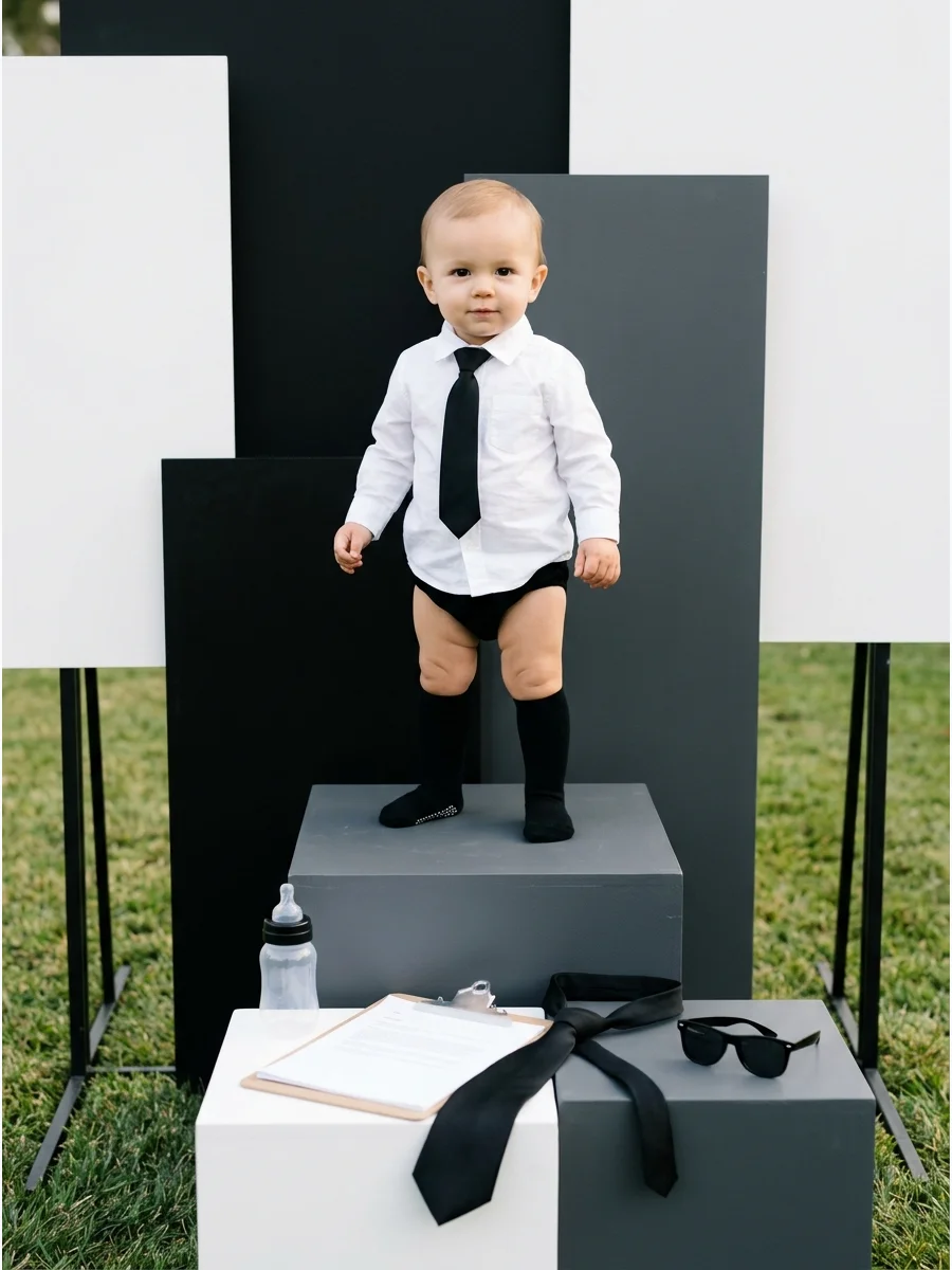Baby in a white shirt and tall black socks.