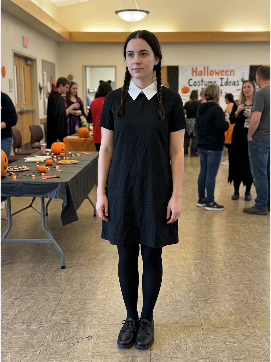 Wednesday Addams Costume. Wear a black dress with a crisp white collar, black tights, and simple black shoes. Style your brunette hair into two neat braids to create Wednesday’s in