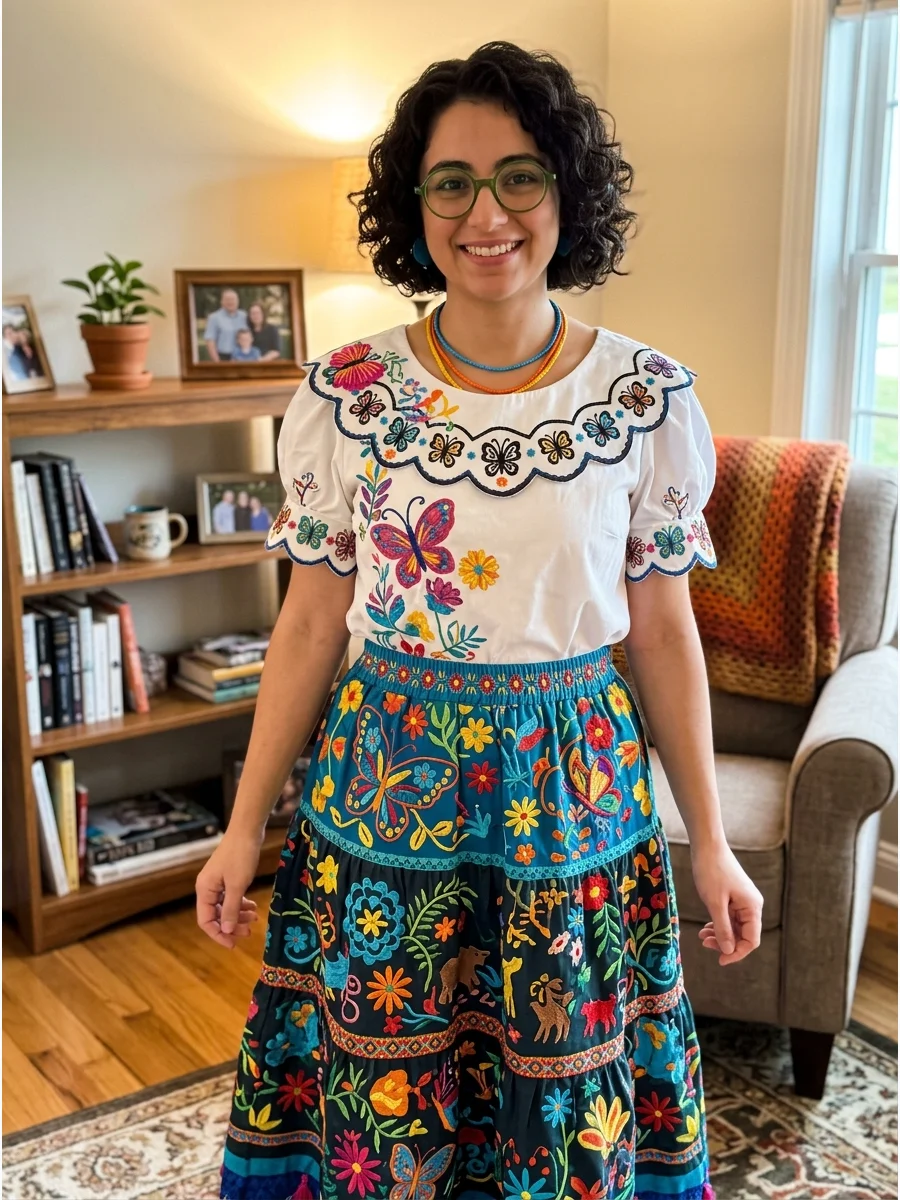Mirabel Madrigal Costume. Choose a white embroidered blouse, round green glasses, and a colorful floral skirt. Wear short or shoulder-length curly brunette hair naturally for an in