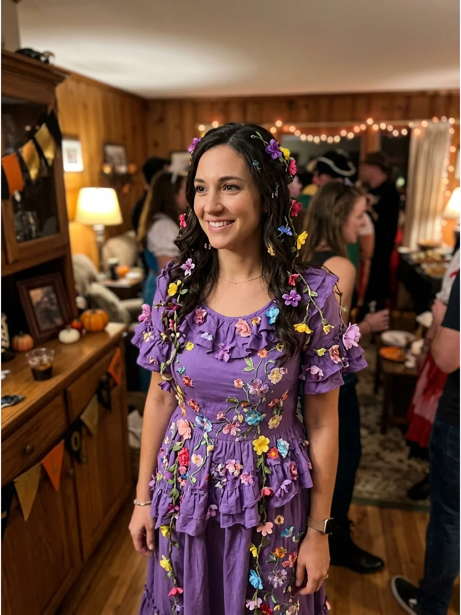Isabela Madrigal Costume. Wear a long purple dress decorated with flowers and trailing vines. Add loose waves and small faux flowers throughout your dark hair. Brunette Halloween C