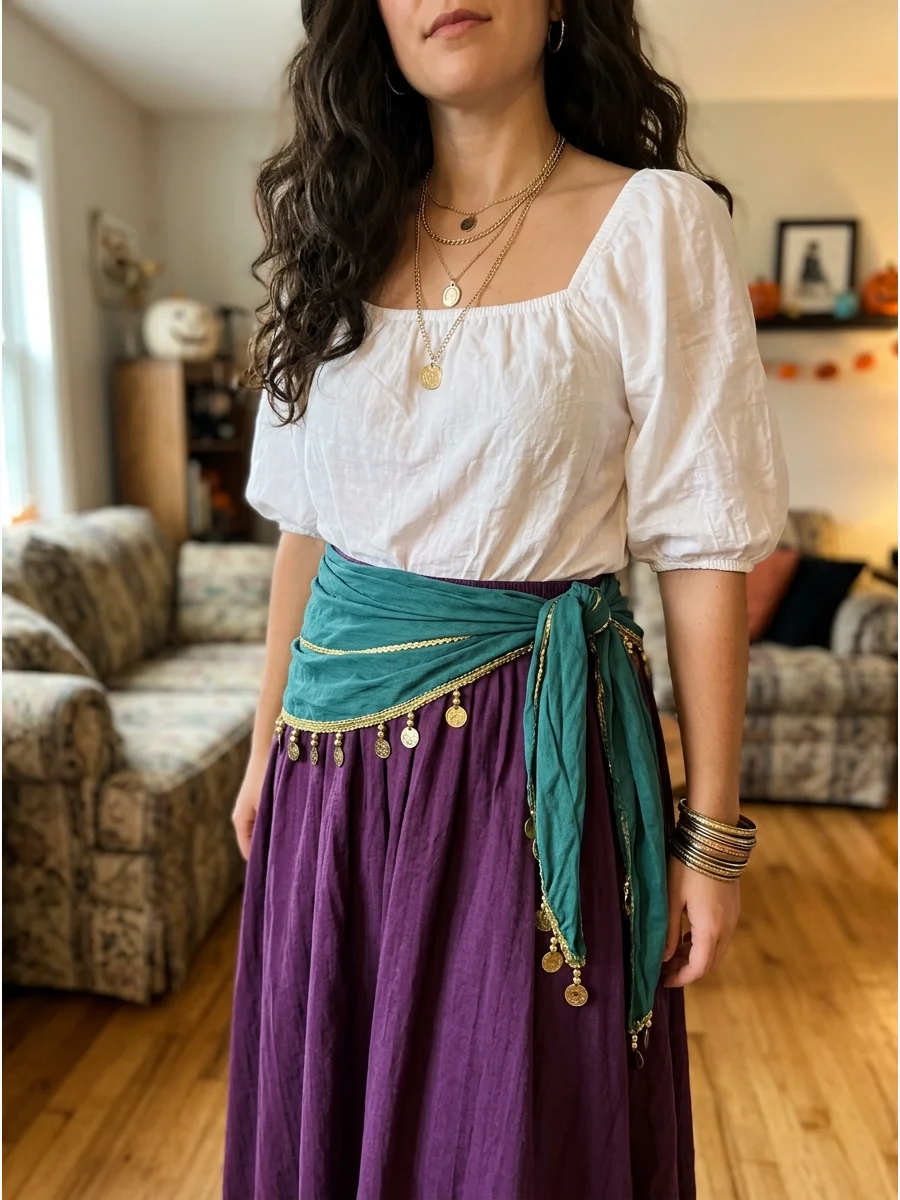 Esmeralda Costume. Pair a white peasant blouse with a long purple skirt, teal waist sash, and gold jewelry. Wear your brunette hair long and voluminous to capture the character’s s