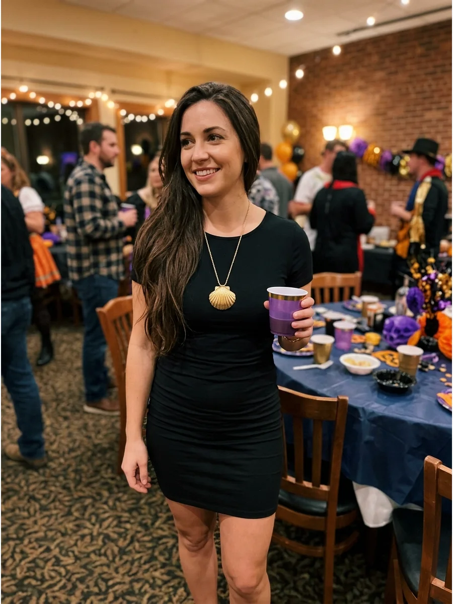 Vanessa Costume. Recreate Ursula’s human disguise with a fitted purple or black dress and a gold shell-inspired necklace. Long dark hair styled to one side makes the costume easy t