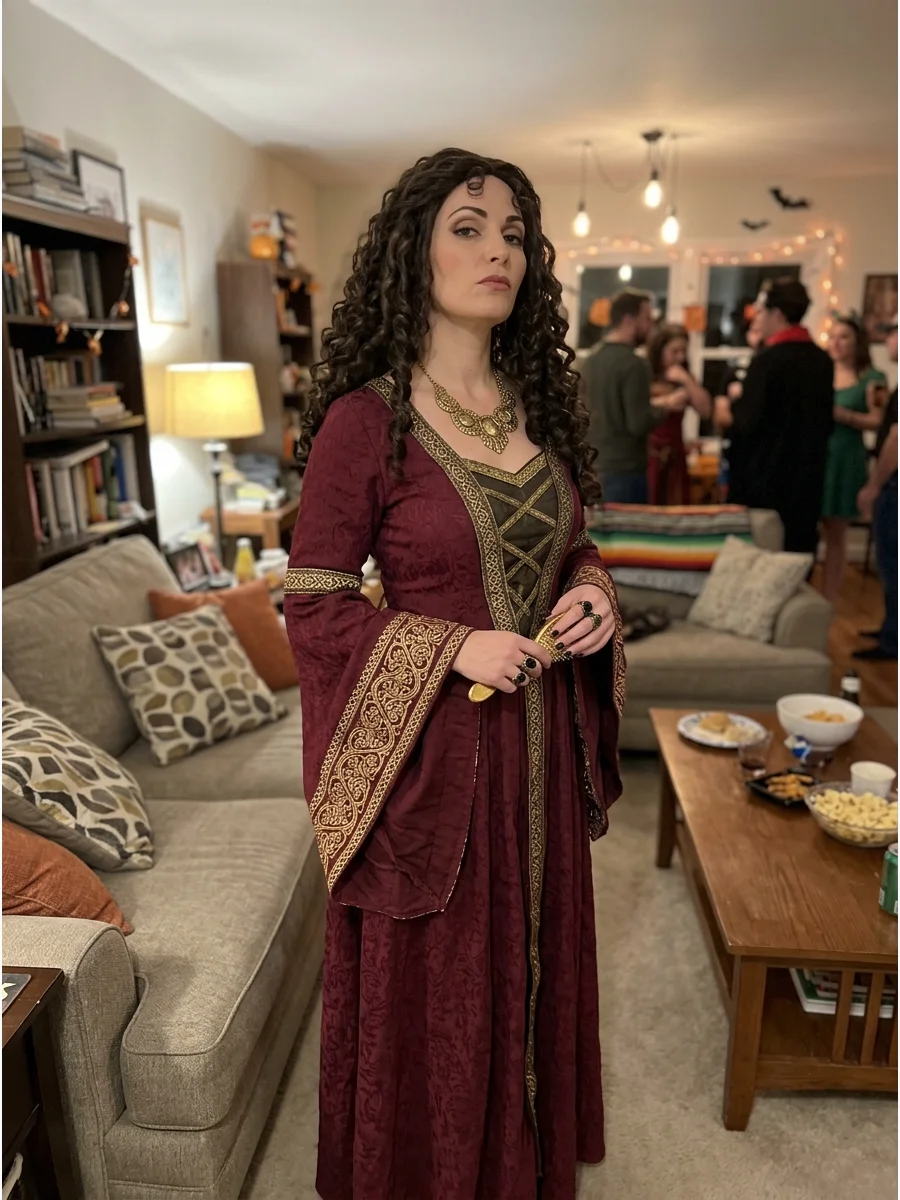 Mother Gothel Costume. Choose a long burgundy dress with wide sleeves and gold details. Style long brunette hair into thick curls for a dramatic fairytale-villain look. Brunette Ha