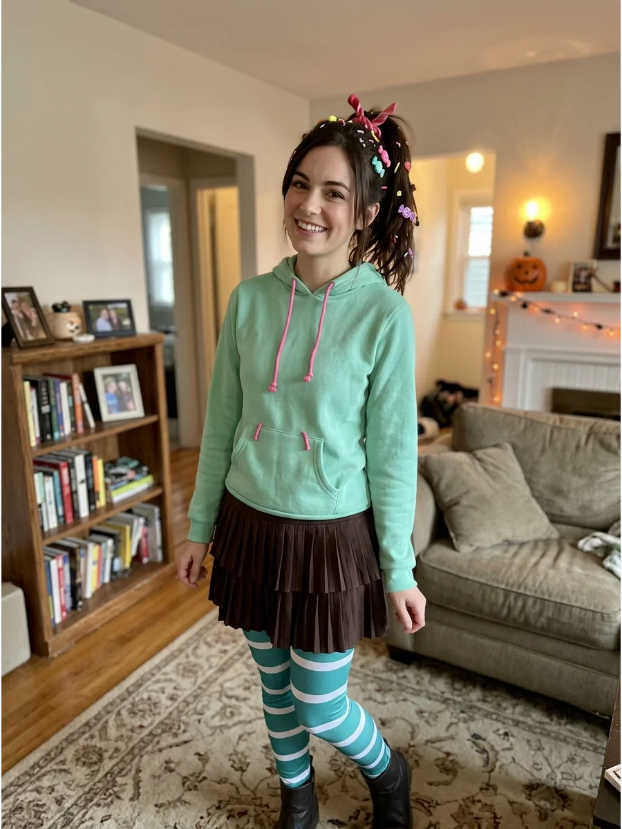 Vanellope von Schweetz Costume. Wear a mint-green hoodie, brown skirt, striped leggings, and dark shoes. Put your brunette hair into a high ponytail and decorate it with colorful c