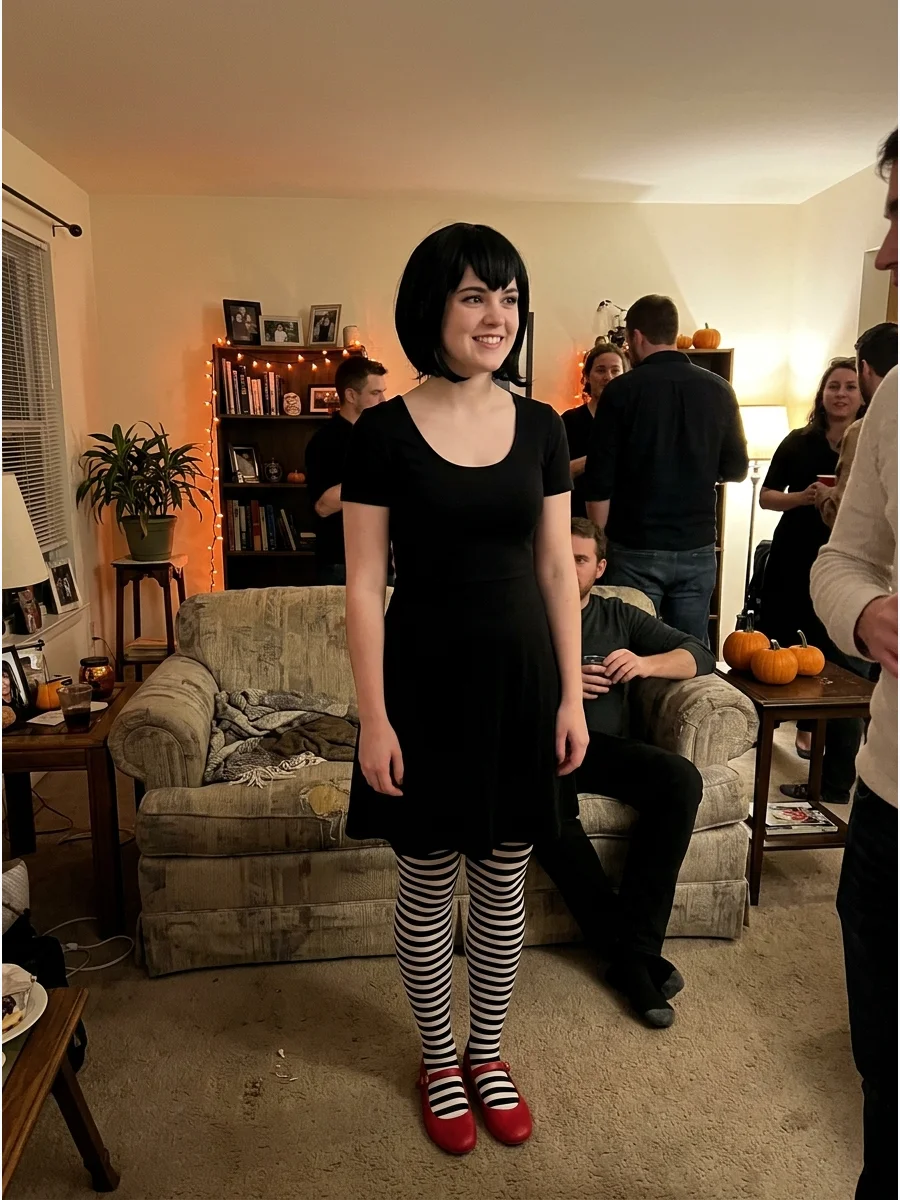 Mavis Costume. Pair a simple black dress with striped tights and red shoes. A short black or dark-brown bob makes this one of the easiest brunette character costumes. Brunette Hall