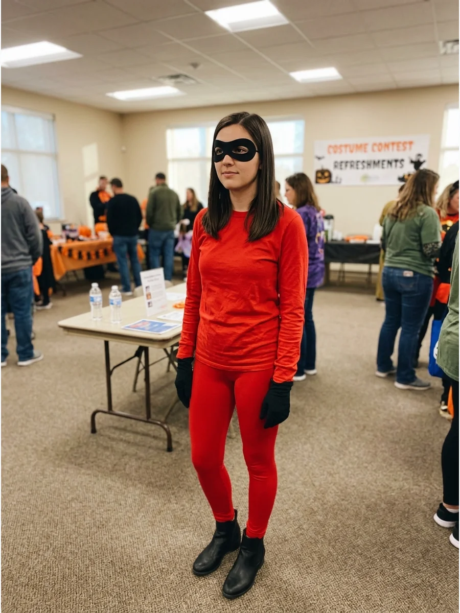 Violet Parr Costume. Wear a red top and leggings with black gloves, boots, and a simple eye mask. Keep your long dark hair straight and parted to the side. Brunette Halloween Costu