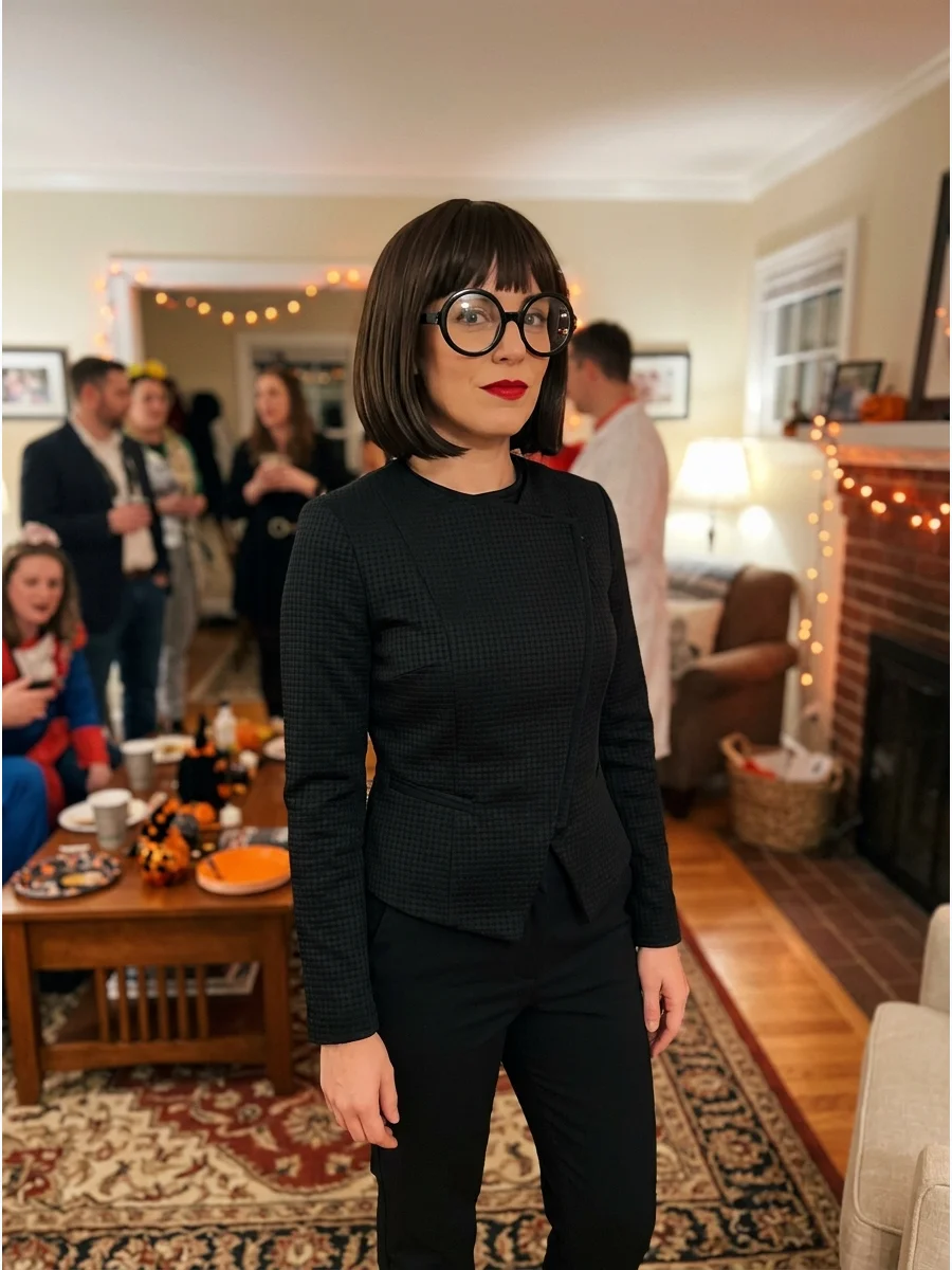 Edna Mode Costume. Choose an all-black outfit with oversized round glasses and a bold red lip. A sleek brunette bob with blunt bangs makes the costume instantly recognizable. Brune